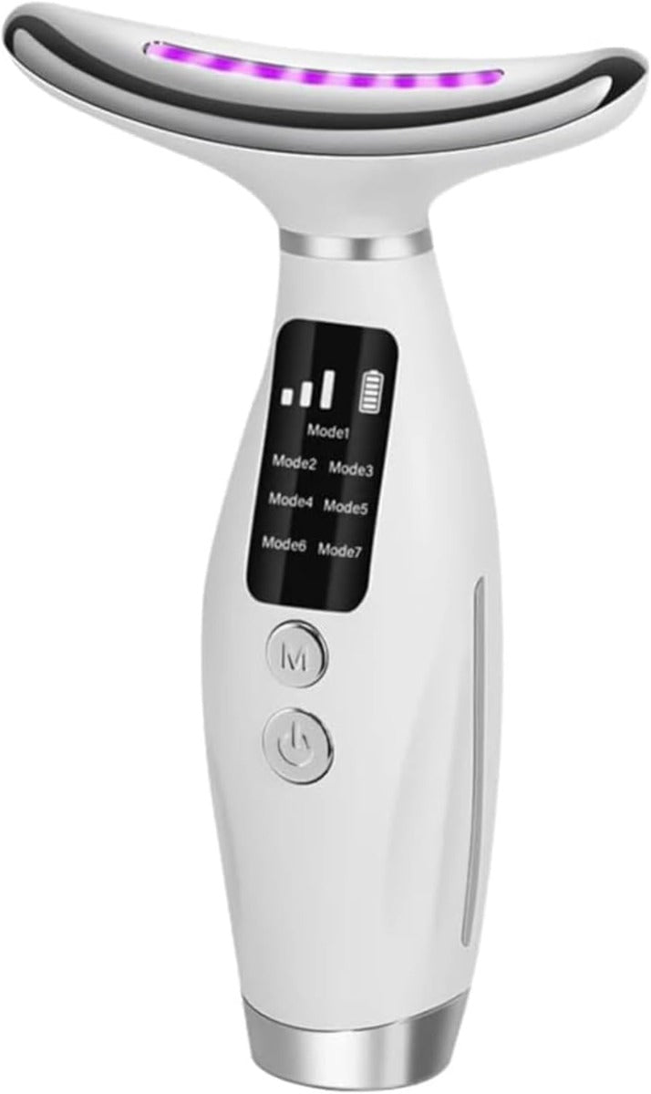Massaggiatore Facciale e Collo 7-in-1 con LED e Vibrazione – Dispositivo di Bellezza Rassodante, EMS, Fototerapia, Ricaricabile USB, Display Digitale – Anti-Rughe e Lifting Viso/Mento