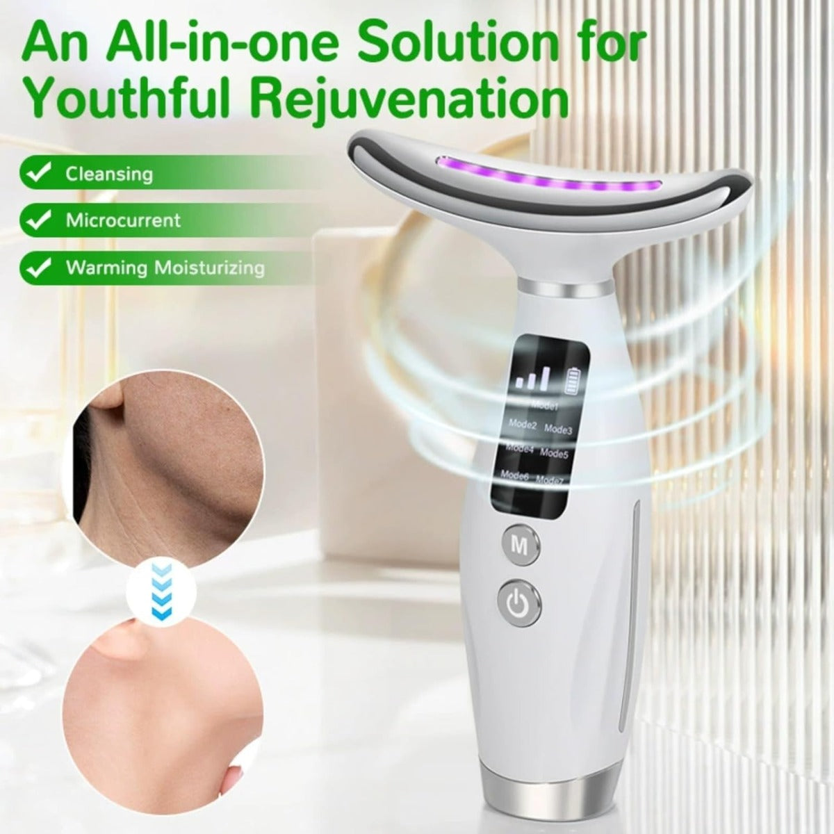Massaggiatore Facciale e Collo 7-in-1 con LED e Vibrazione – Dispositivo di Bellezza Rassodante, EMS, Fototerapia, Ricaricabile USB, Display Digitale – Anti-Rughe e Lifting Viso/Mento
