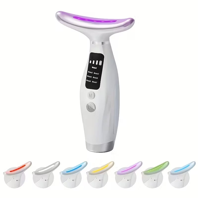 Massaggiatore Facciale e Collo 7-in-1 con LED e Vibrazione – Dispositivo di Bellezza Rassodante, EMS, Fototerapia, Ricaricabile USB, Display Digitale – Anti-Rughe e Lifting Viso/Mento