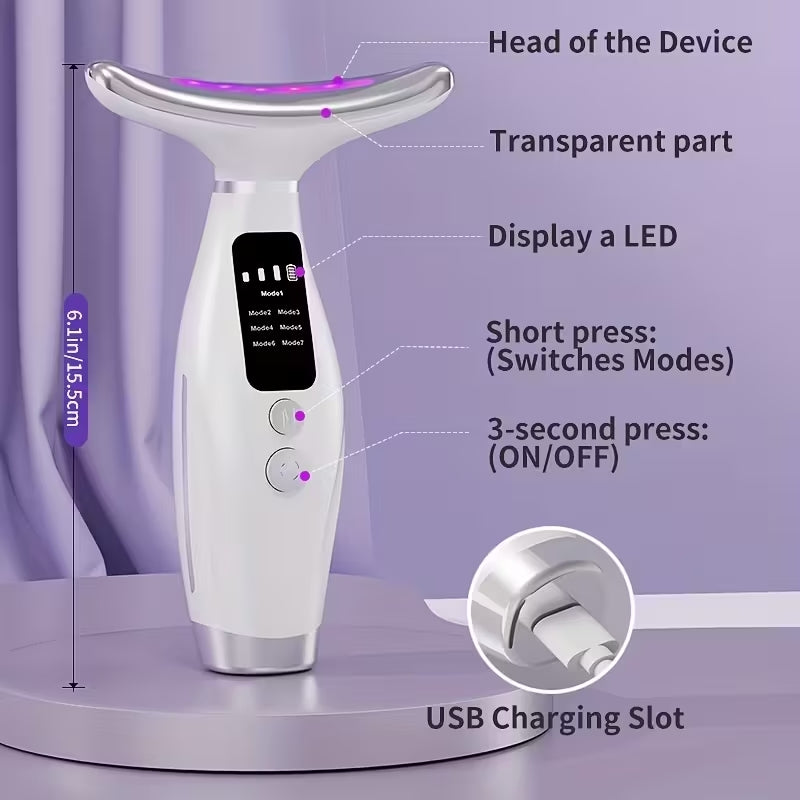 Massaggiatore Facciale e Collo 7-in-1 con LED e Vibrazione – Dispositivo di Bellezza Rassodante, EMS, Fototerapia, Ricaricabile USB, Display Digitale – Anti-Rughe e Lifting Viso/Mento